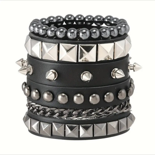 Exaggerated Tapered Pointed Rivet Three Rows Leather Bracelets