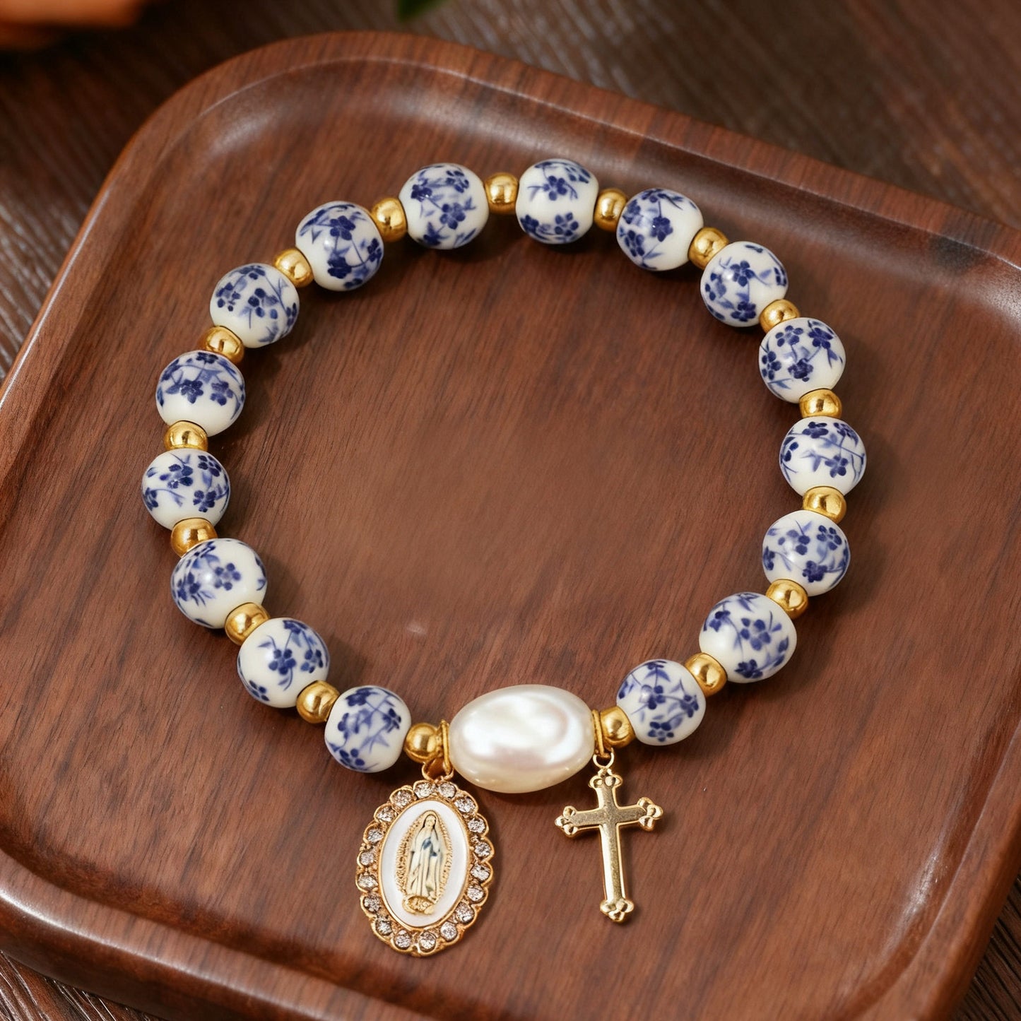 Ceramic Blue White Porcelain Cross Bow Bracelet