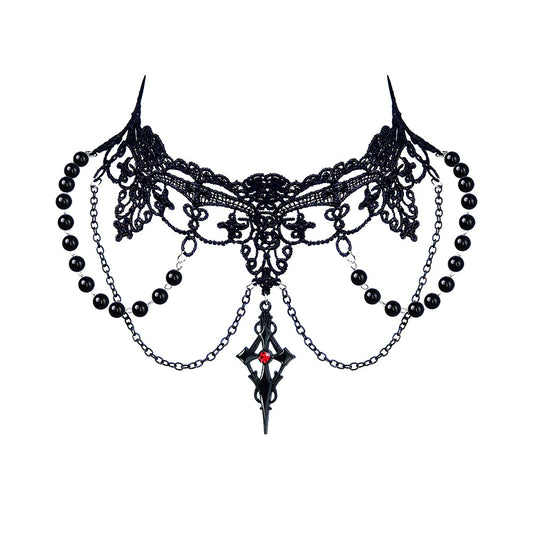Halloween Vintage Pearl Cross Lace Short Collar
