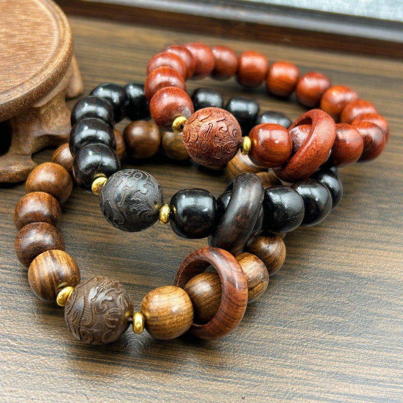 Women's & Men's Sandalwood Carving Beads Lettering Flexible Black Bracelet