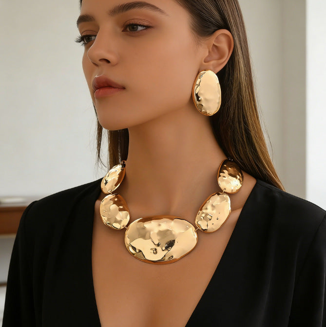 Irregular Oval Metal Glossy Geometric Pattern Cover Jewelry Set