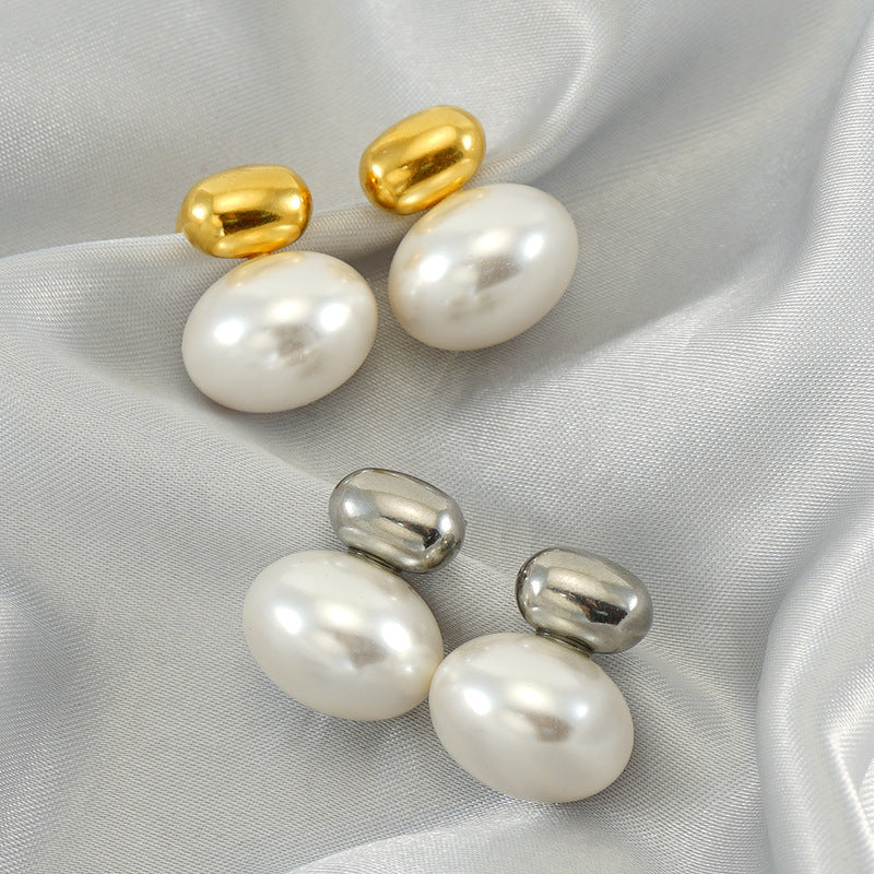 Women's Fashion Stainless Steel Pearl Retro Light Stud Earrings