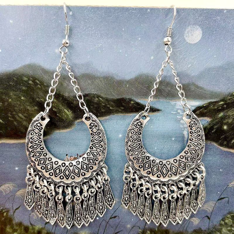 Bohemian Hollow Moon Carved Long Fringe Ear Hook