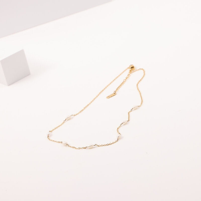 Freshwater Pearl Rice Beads Titanium Steel Electroplating Necklaces
