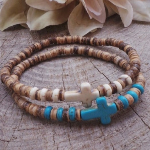 Men's Shell Wood Piece Turquoise Cross Hip Bracelets