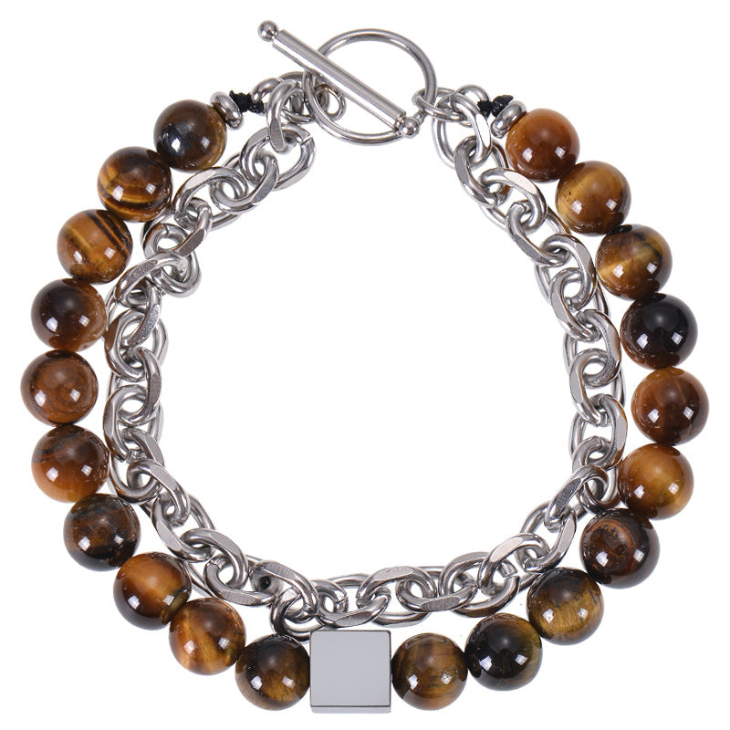 Men's Stainless Steel Square Black Magnet Beaded Bracelet