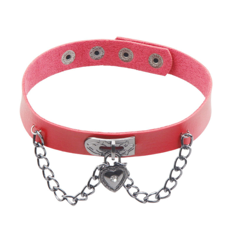 Dark Punk Heart Leather Chain Neck Band Peach Style Collar