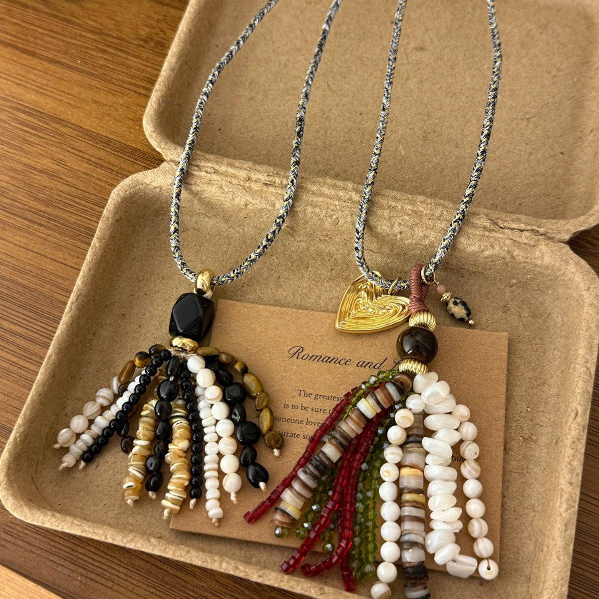 Women's Bohemian Ethnic Style Acrylic Color Beaded Tassel Fashion Braided Rope Necklace