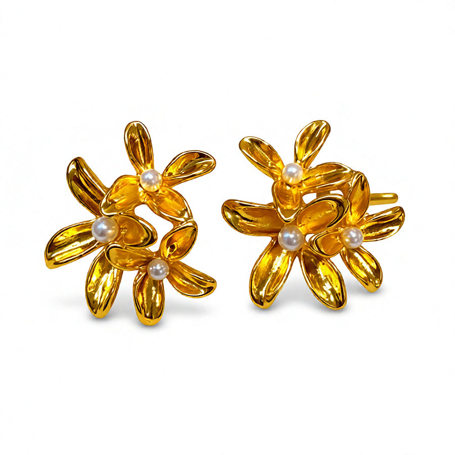 French Retro Sier Needle Flower Pearl Fashionable Light Luxury High-grade Stud Earrings