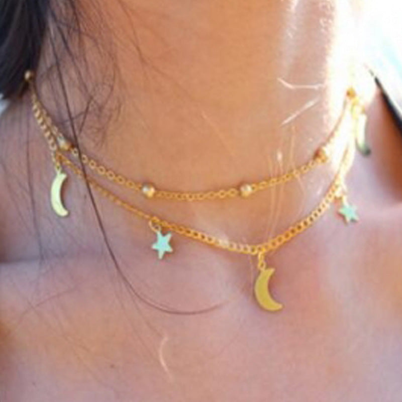 Moon Short Round Beads Clavicle Chain Necklace