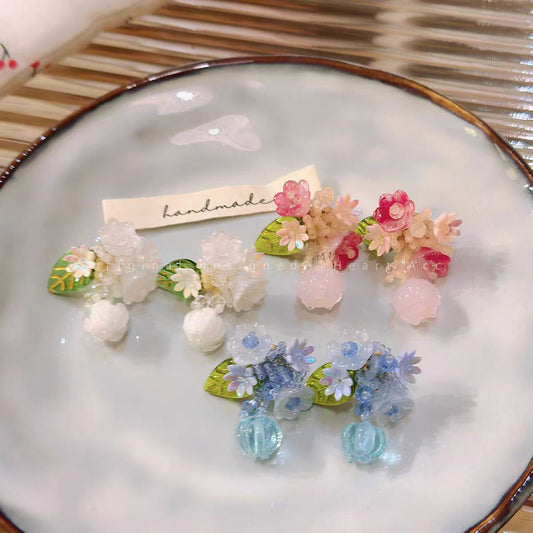 Dopamine Beaded Flower Bud Mori Sweet Artistic Temperament Stud Earrings