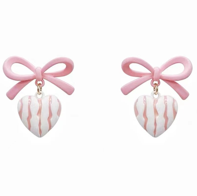 Women's Tiny Bow Pink Love Heart Trendy For Earrings