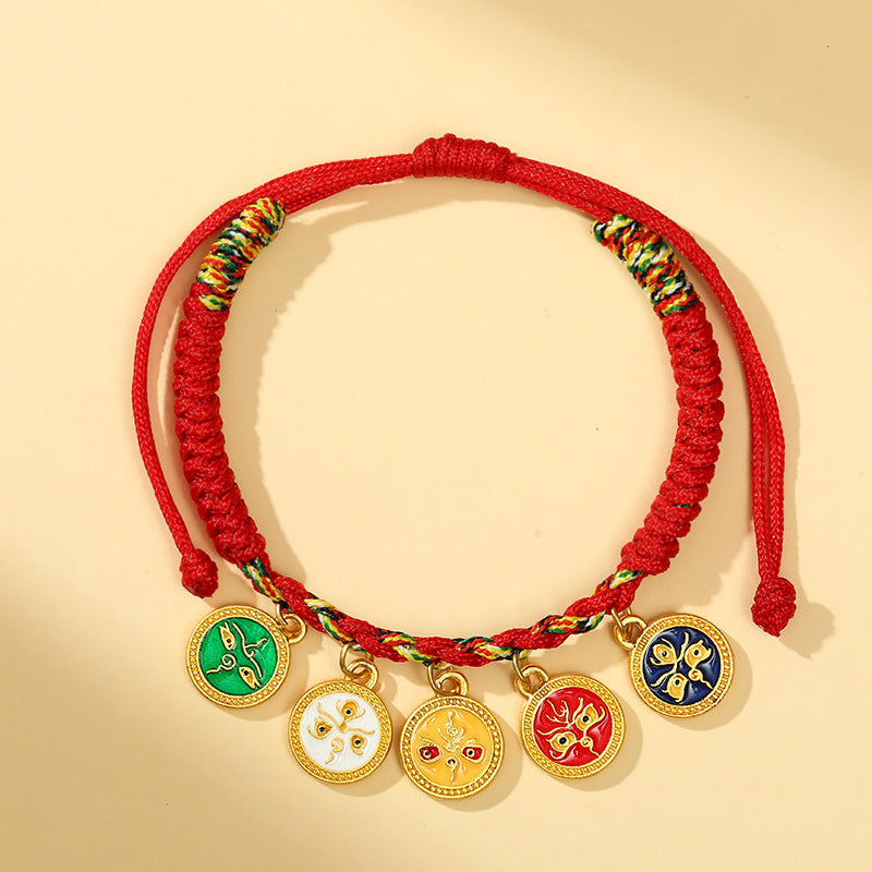 Women's & Men's Tibetan Style Five Gods Of Wealth Carrying Strap Hand-woven Peach Bracelets