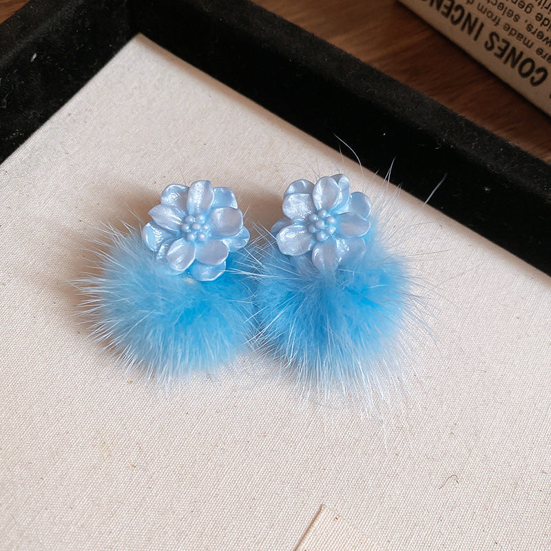 Women's Fresh Blue Fabric Flower Tassel Seaside Vacation Style Light Stud Earrings