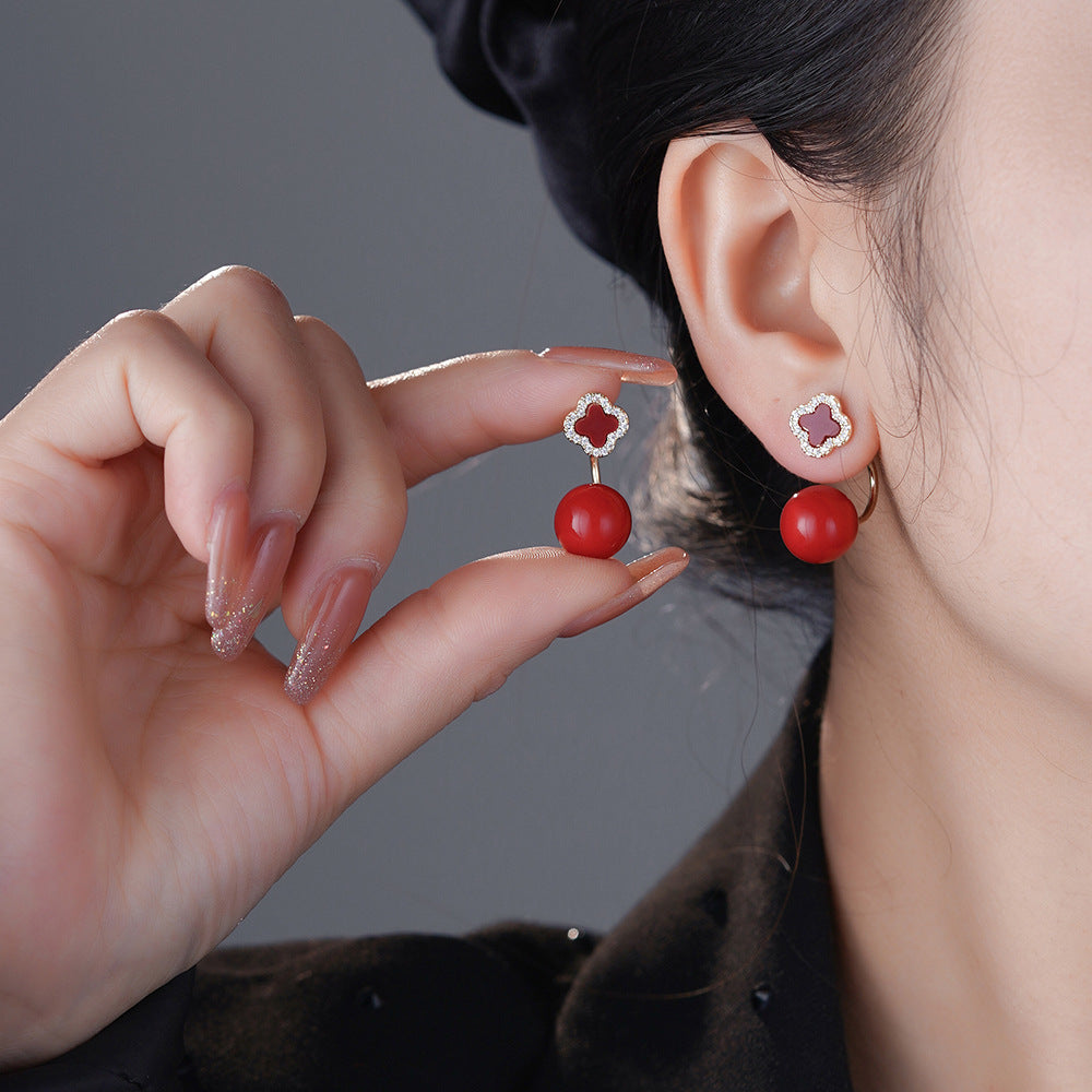 Red Clover Pearl One Style For Design Sense Stud Earrings