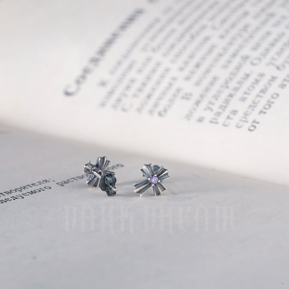 Entire Sterling Sier Retro Cross Purple Zircon Inlaid Distressed Light Stud Earrings