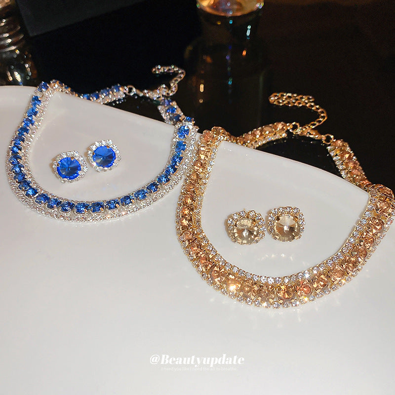 Colorful Diamond Geometric Square Ear Fashion Short Light Jewelry Set