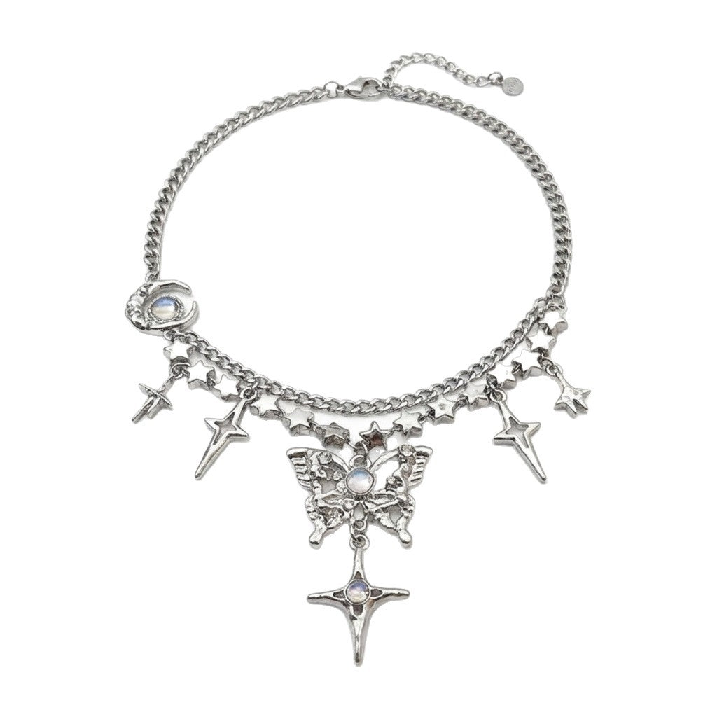 Cool Hot Rhinestone Butterfly Star Moon Tassel Multilayer Collarbone Female Necklace
