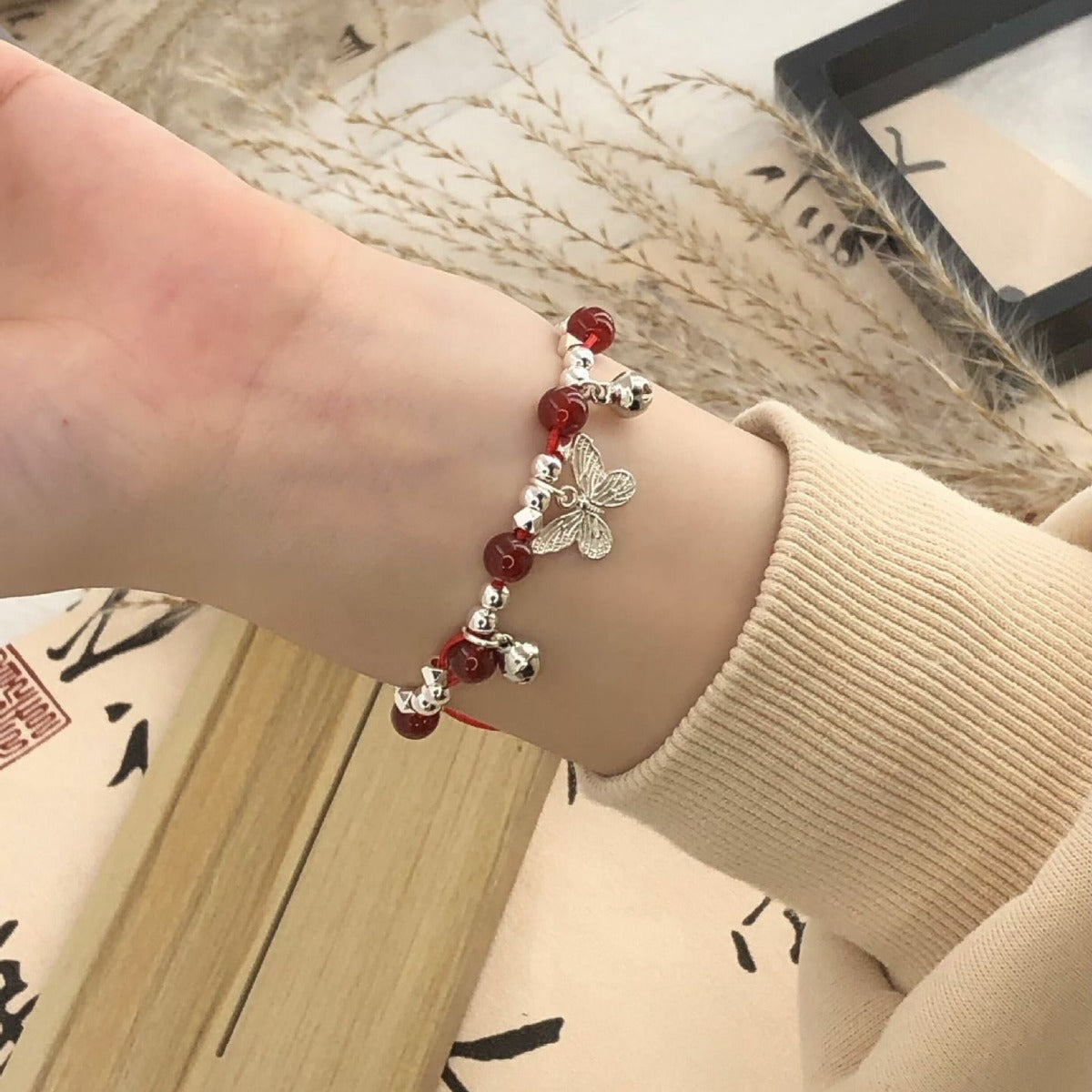 Red Agate Sier Butterfly Bell Female Rope Braid Good Luck Bracelet