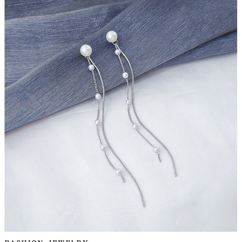 Temperamental Long Pearl Tassel Line Ear Earrings