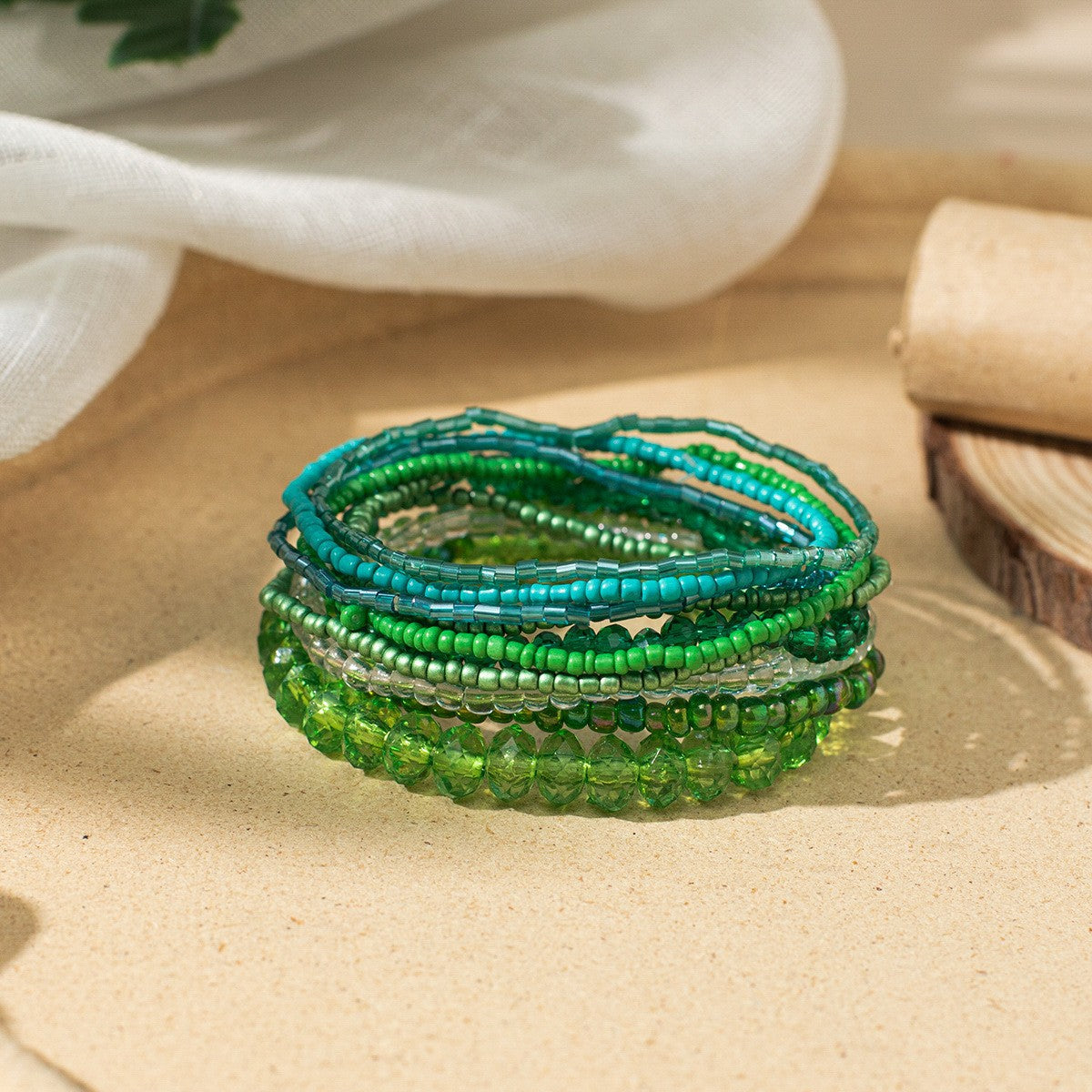 Women's Bohemian Vacation Style Twin Design Sense Glass Beads Stretch Bracelet