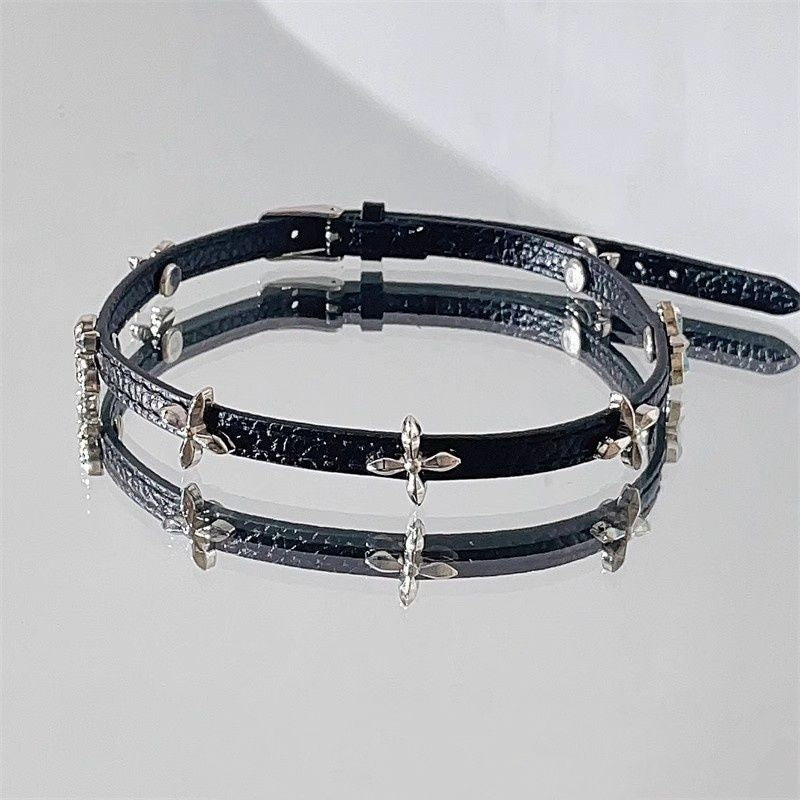 Style Leather Collar Wine Red Cross Clavicle Pendants