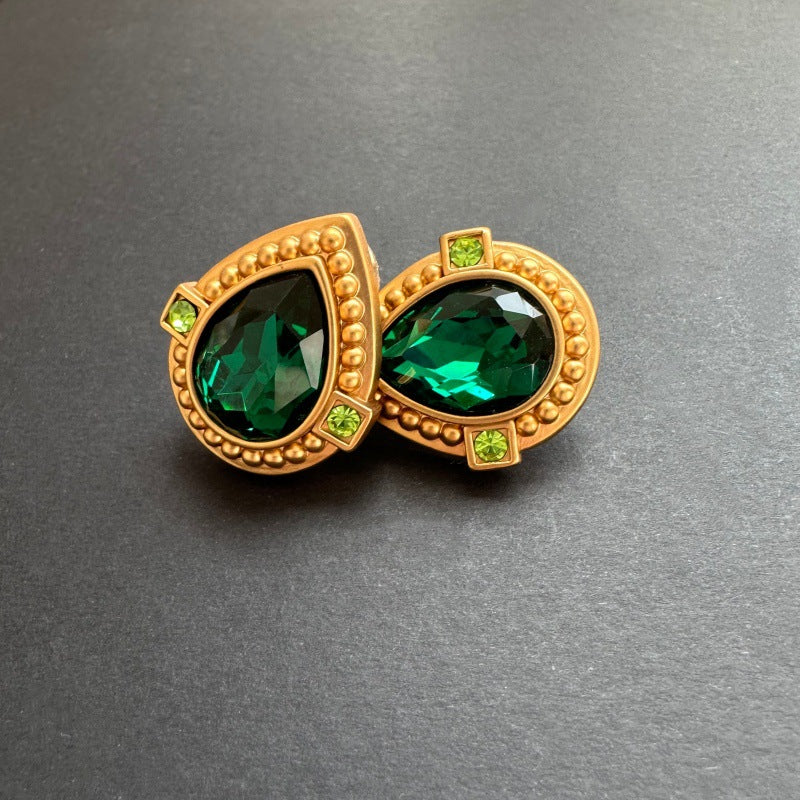 Retro Matte Brass Texture Heart Color Glass Ear Stud Earrings