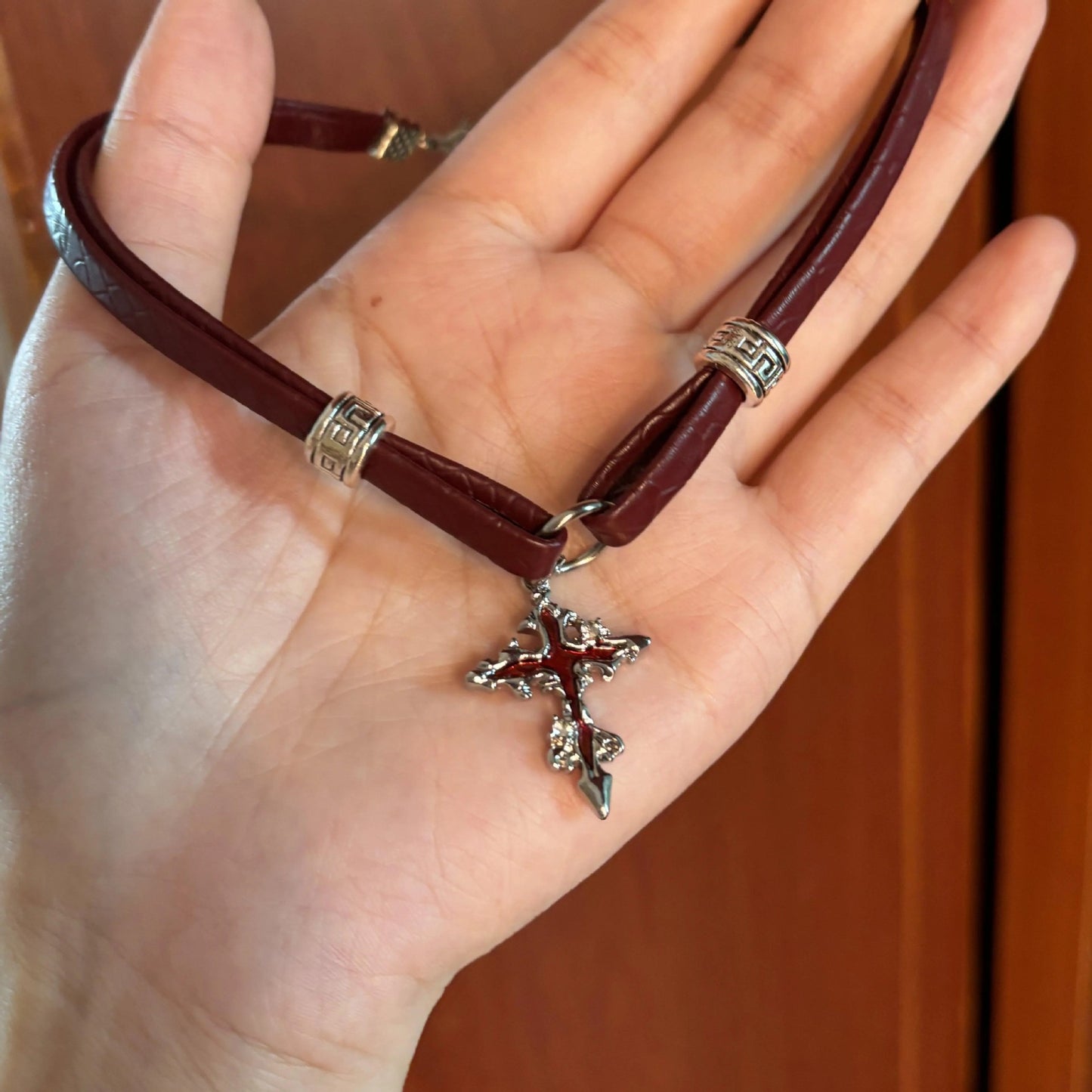 Style Leather Collar Wine Red Cross Clavicle Pendants