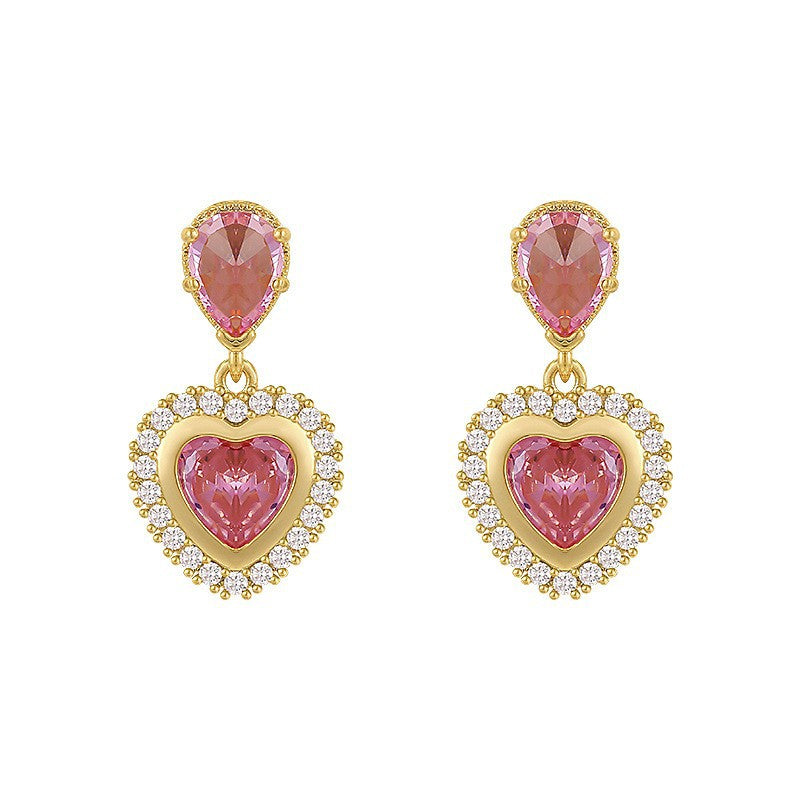 Shiny Pink Loving Heart Zircon Sweet Minority Stud Earrings