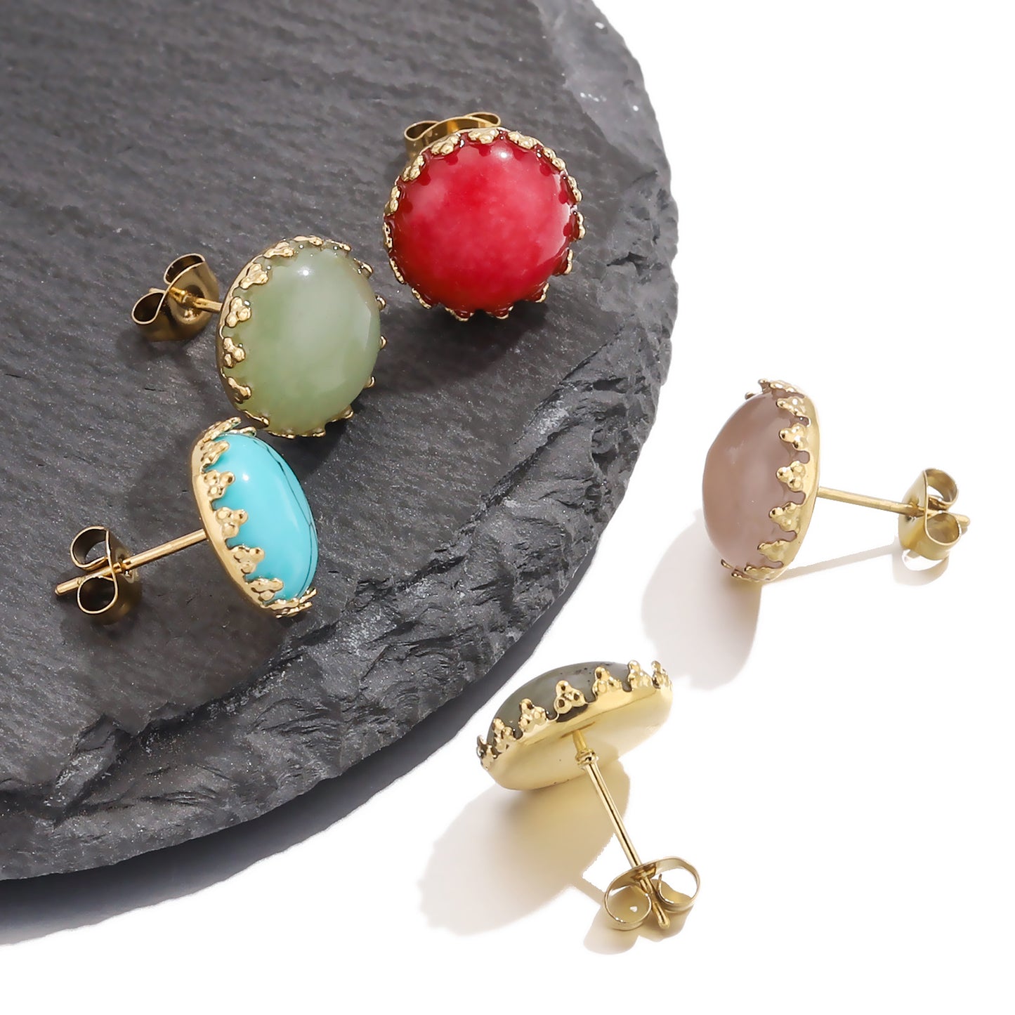 Stainless Steel Natural Stone Titanium Ear Tigereye Earrings