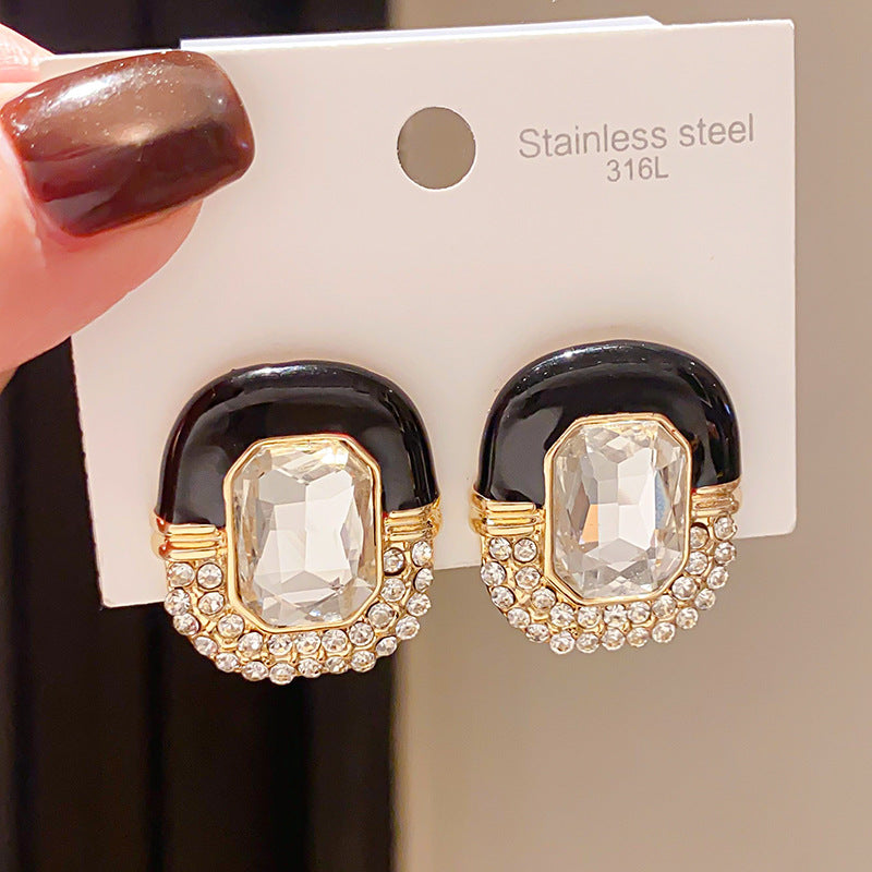 Sier Needle Light Luxury Diamond Drop Oil Oval Retro Fashion Stud Earrings