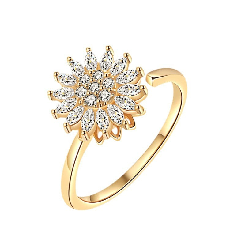 Gold Diamond Sunflower Rotating Stylish Opening Rings