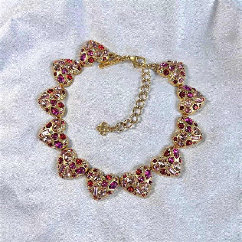 Women's Gold Retro Style Colorful Crystals Heart-shaped Necklace