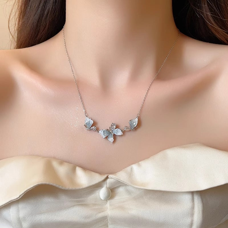 Style Temperament Crystal Butterfly Niche Design Blue Gradient Necklaces