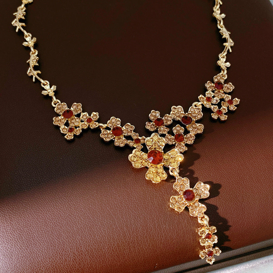 Style Turquoise Blue Diamond Flower Ear Light Luxury Minority Clavicle Necklaces
