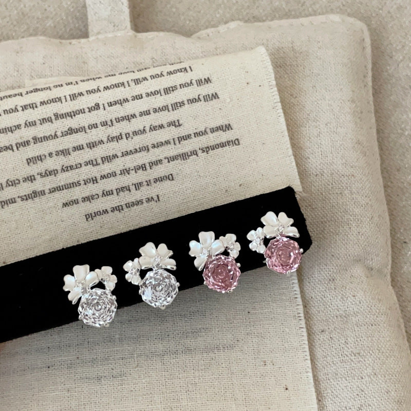 Women's Simple High-grade White Drop Oil Three-dimensional Petals Zircon Light Luxury Earrings