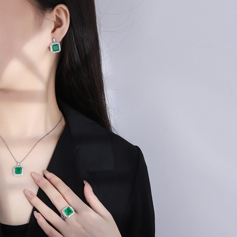 Women's Live Broadcast Micro Rhinestone Artificial Emerald Jewelry Set