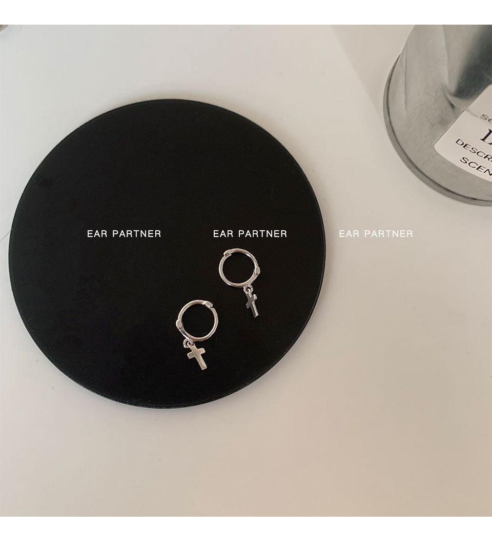 Sier Needle Pentagram Simple Temperamental Cross Ear Earrings