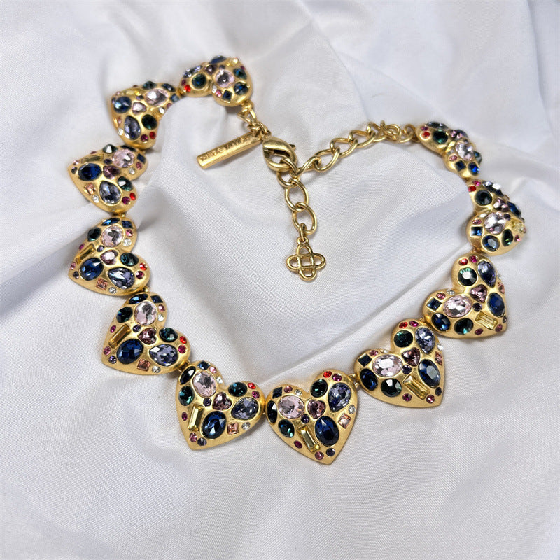 Women's Gold Retro Style Colorful Crystals Heart-shaped Necklace