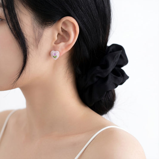 Dopamine Cartoon Heart-shaped Bow Flower Earings Female Sweet Cute Stud Earrings