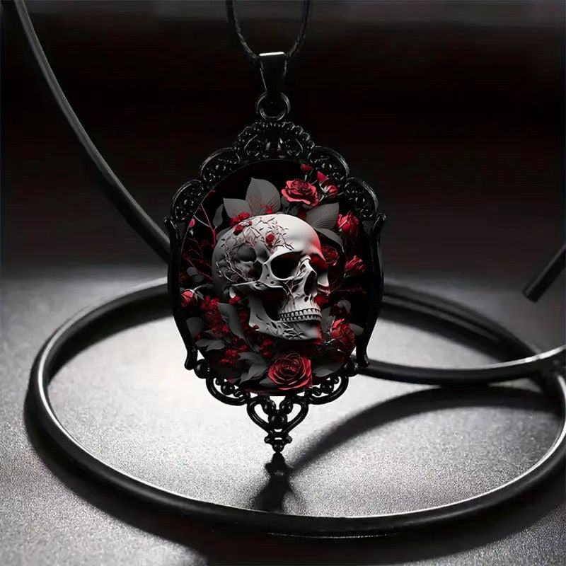 Innovative Gothic Rose Skull Pattern Glass Necklaces