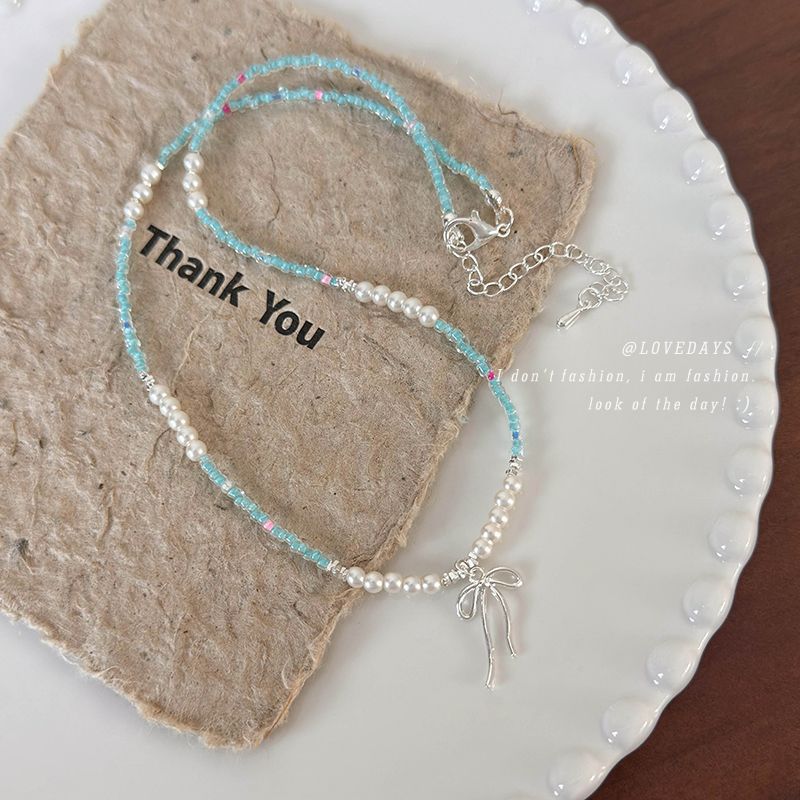 Summer Cool Color Short Blue Beaded Pearl Bow Clavicle Chain Necklaces