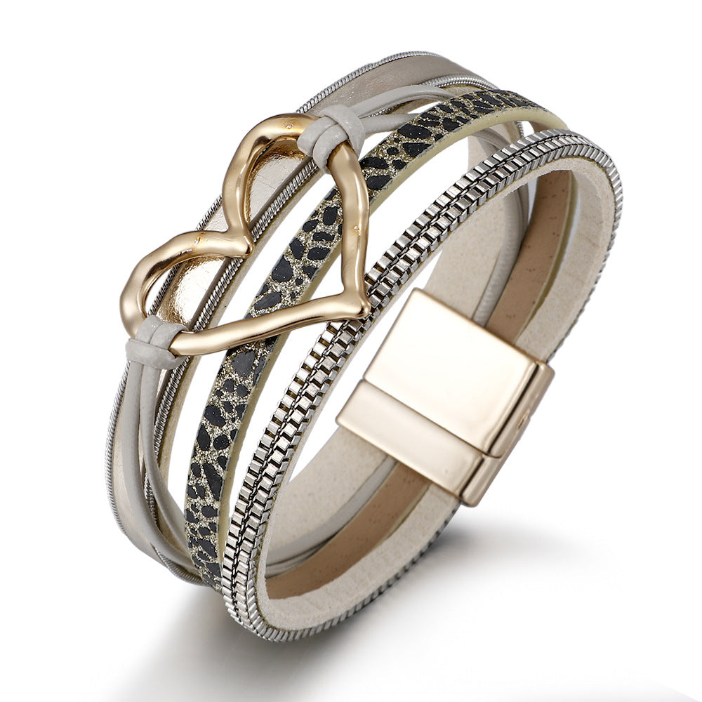 Women's Bohemian Style Leather Heart Fashion Magnetic Bracelet