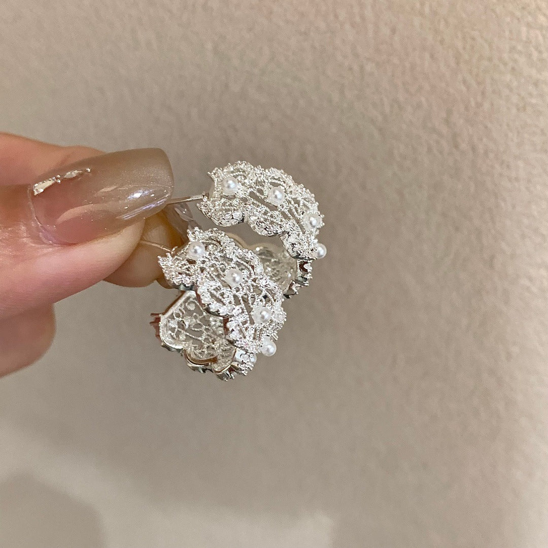 Lux Full Diamond Lace Pearl Arc Unique Beautiful High-grade Sier Rings