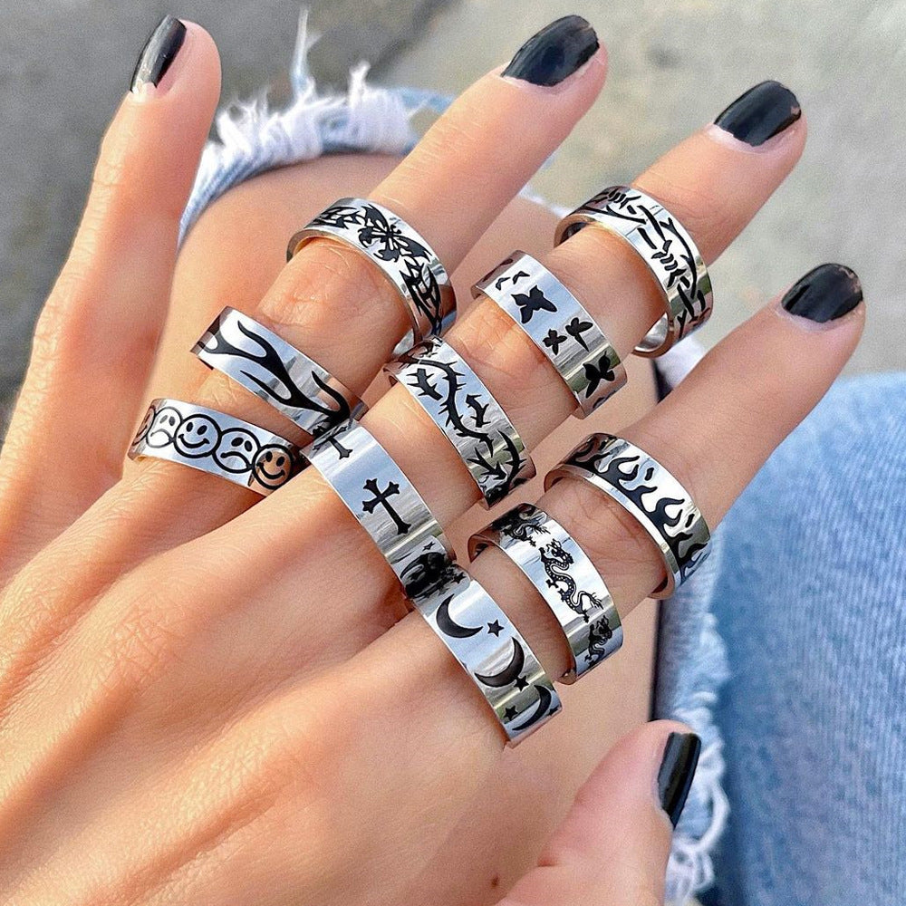 Titanium Steel Punk Rock Flame Cross Ring