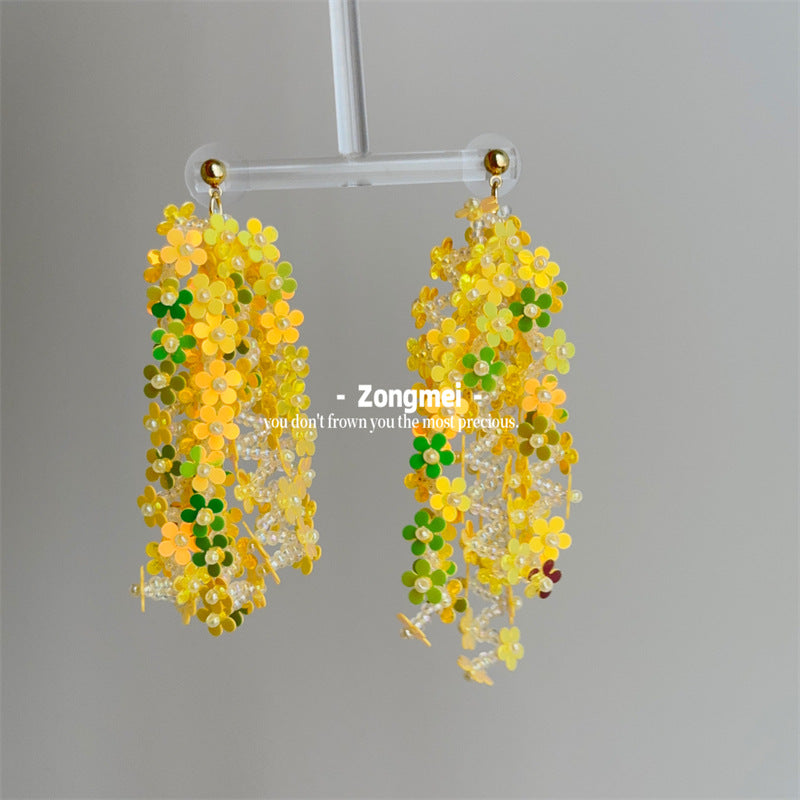 Imported Laser Flower Handmade Ear Clip Beaded Combination Earrings