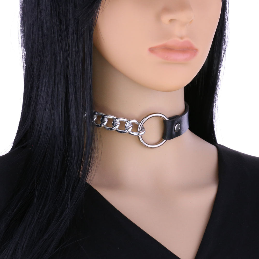 Leather Neckband Punk Metal Stitching Neck Strap Collar