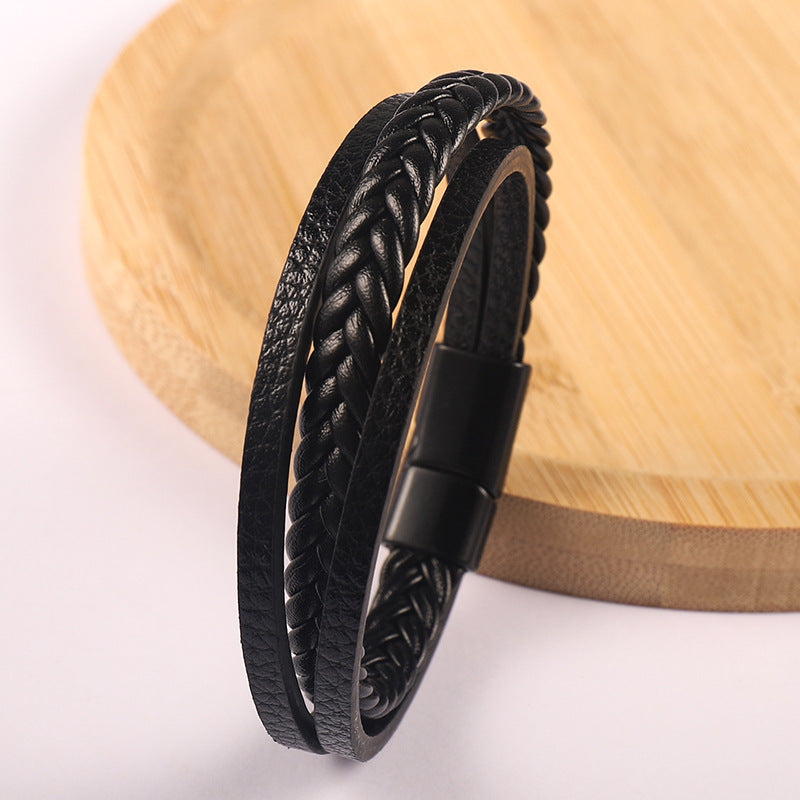 Men's Vintage Cattle Leather Alloy Woven Brace Bracelet