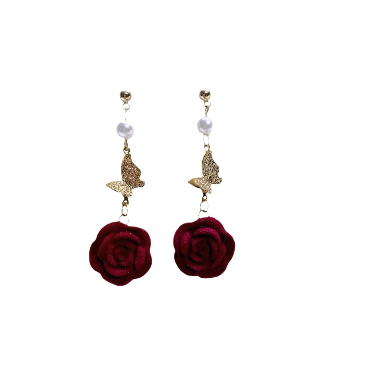 French Retro Burgundy Veet Rose Three-dimensional Butterfly Rings