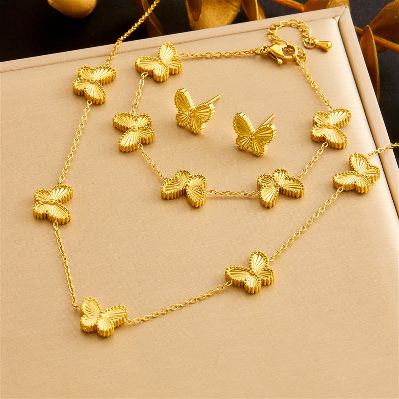 Exquisite Gold-plated Stainless Steel Love Pearl Flower Butterfly Jewelry Set